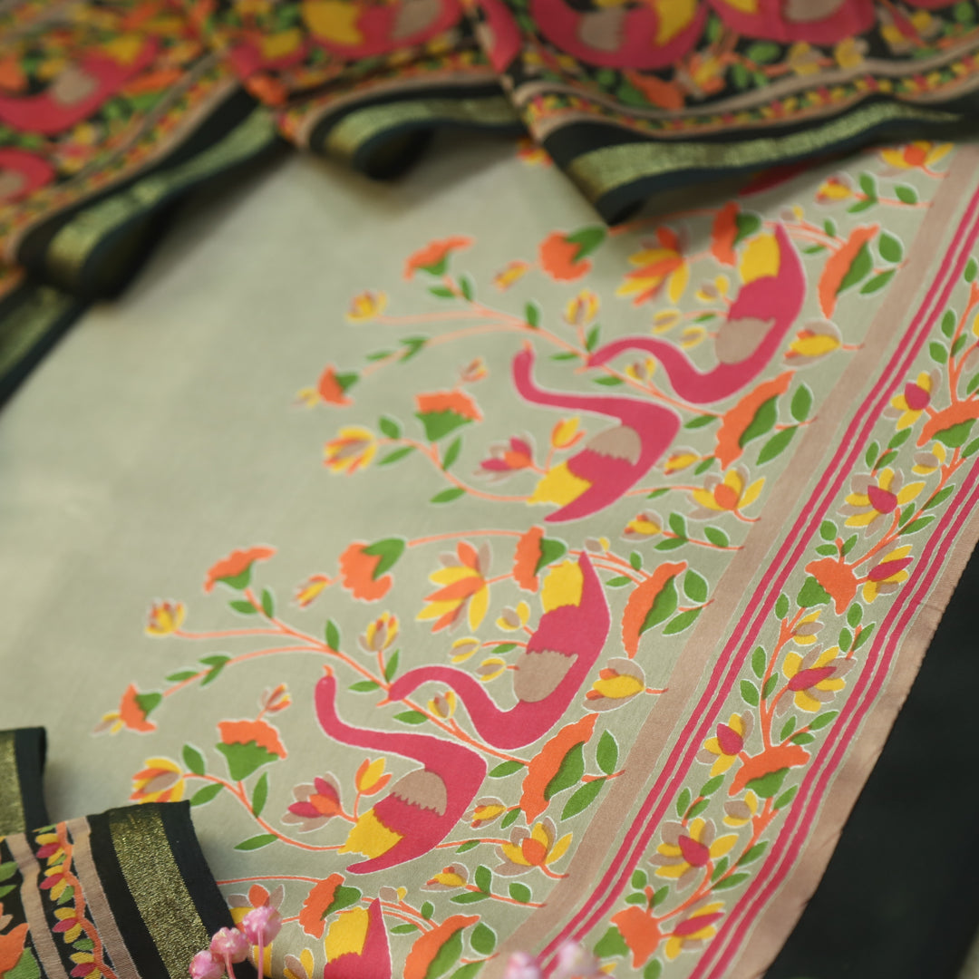 Saudaba Latte Beige Kalamkari Inspired Printed Maheshwari Suit Set