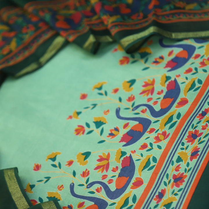 Saudaba Mint Green Kalamkari Inspired Printed Maheshwari Suit Set
