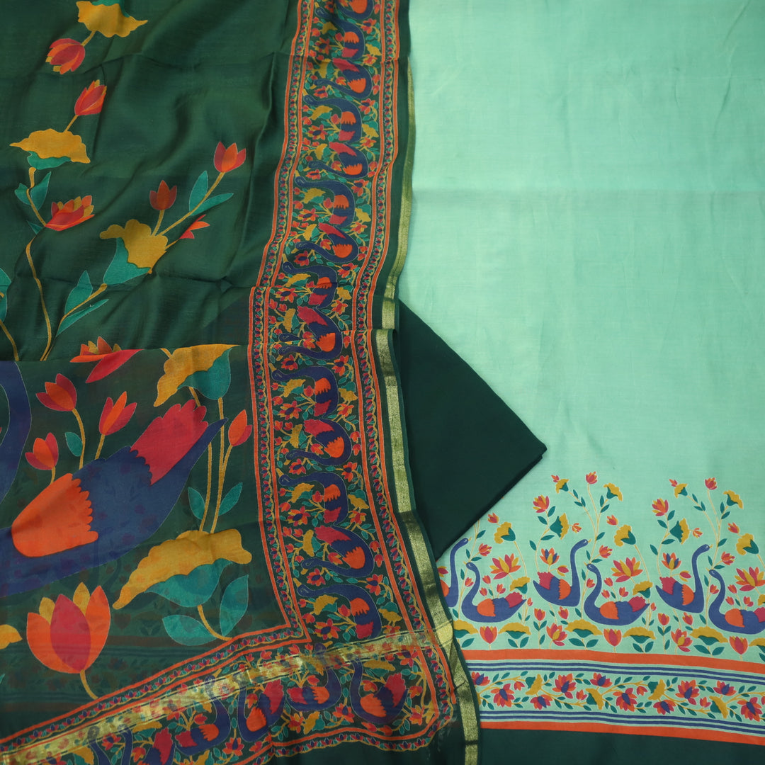 Saudaba Mint Green Kalamkari Inspired Printed Maheshwari Suit Set