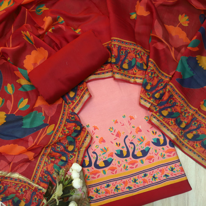 Saudaba Blush Pink Kalamkari Inspired Printed Maheshwari Suit Set