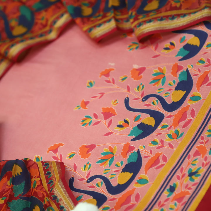 Saudaba Blush Pink Kalamkari Inspired Printed Maheshwari Suit Set
