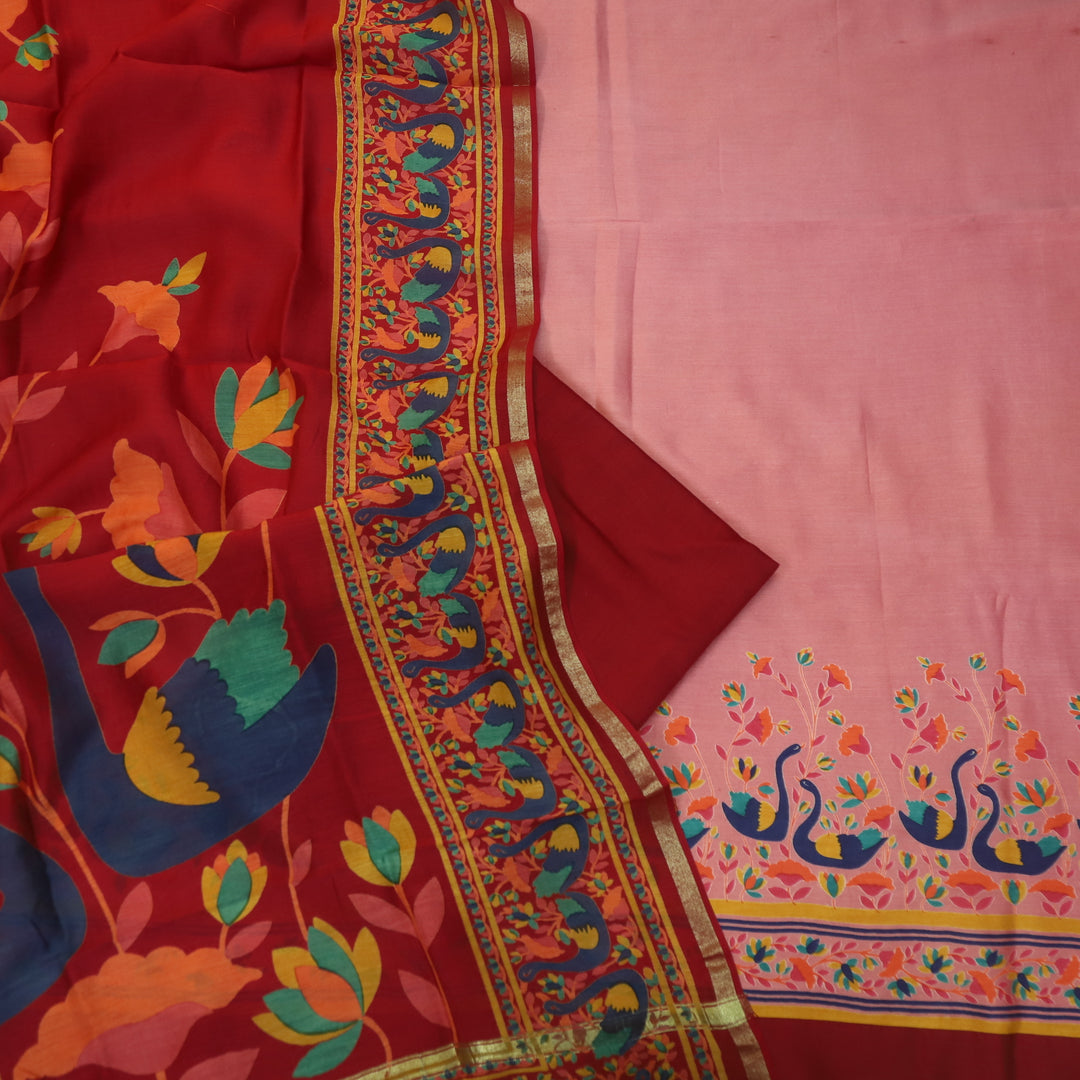 Saudaba Blush Pink Kalamkari Inspired Printed Maheshwari Suit Set