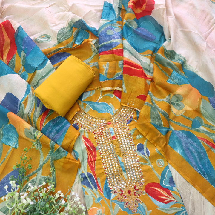 Shabaab Mustard Yellow Mirror Work Neck Floral Printed Cotton Suit Set