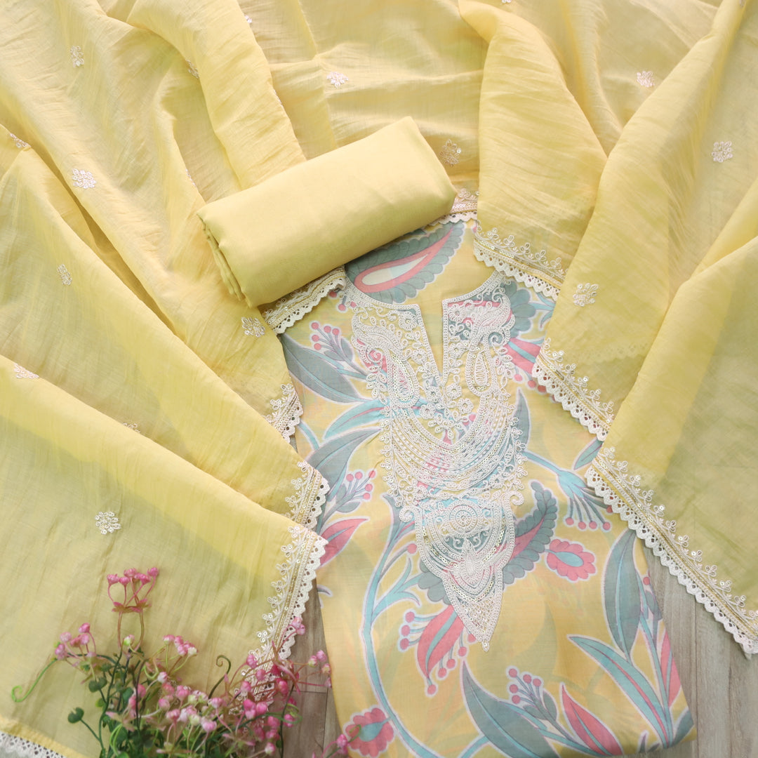 Manzeel Pineapple Yellow Thread Neck Work Printed Muslin Suit Set