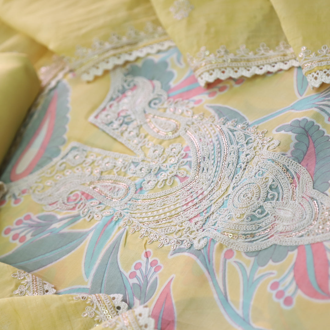 Manzeel Pineapple Yellow Thread Neck Work Printed Muslin Suit Set