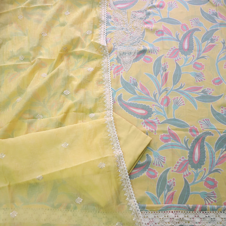 Manzeel Pineapple Yellow Thread Neck Work Printed Muslin Suit Set
