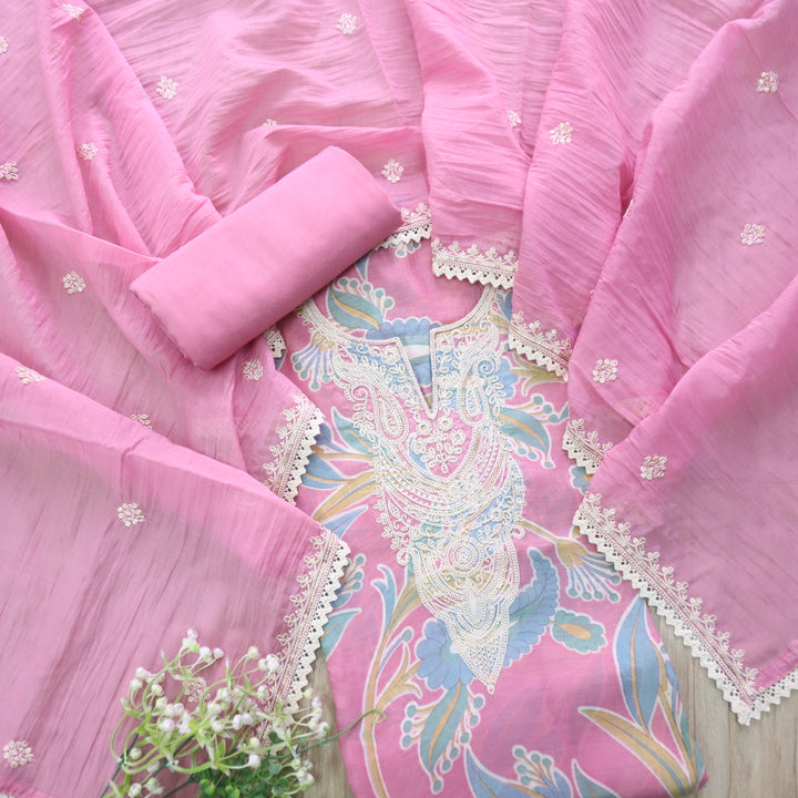 Manzeel Bright Pink Thread Neck Work Printed Muslin Suit Set
