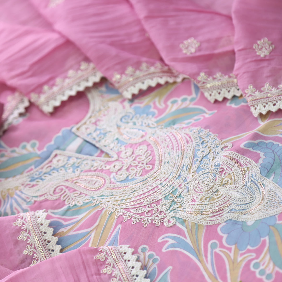 Manzeel Bright Pink Thread Neck Work Printed Muslin Suit Set