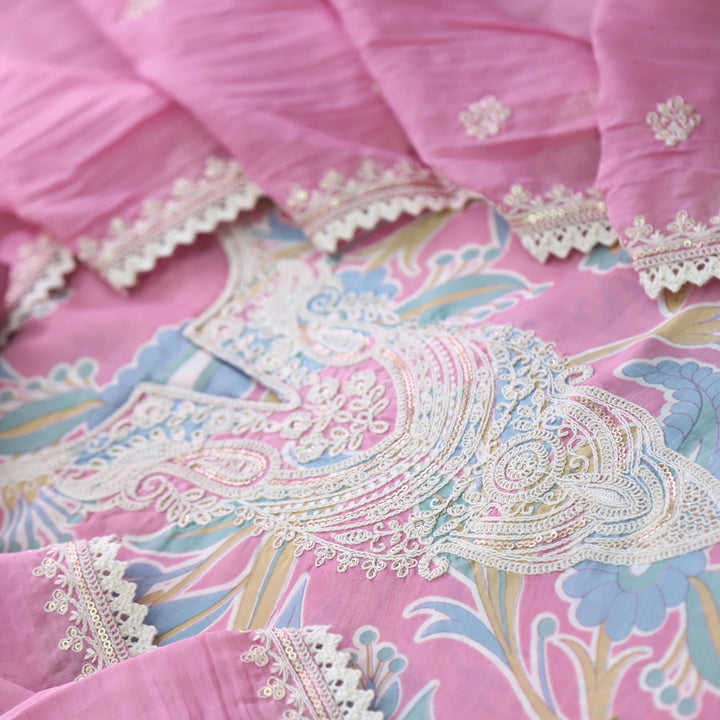 Manzeel Bright Pink Thread Neck Work Printed Muslin Suit Set