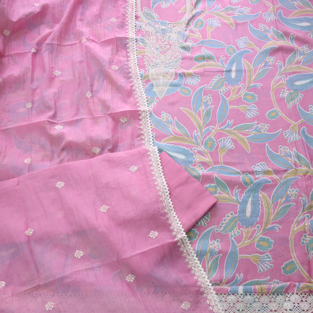 Manzeel Bright Pink Thread Neck Work Printed Muslin Suit Set