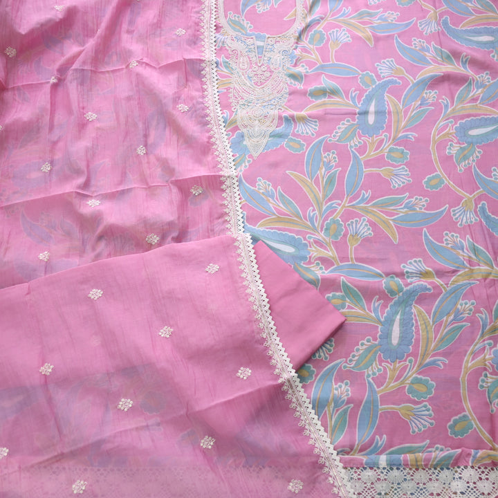 Manzeel Bright Pink Thread Neck Work Printed Muslin Suit Set