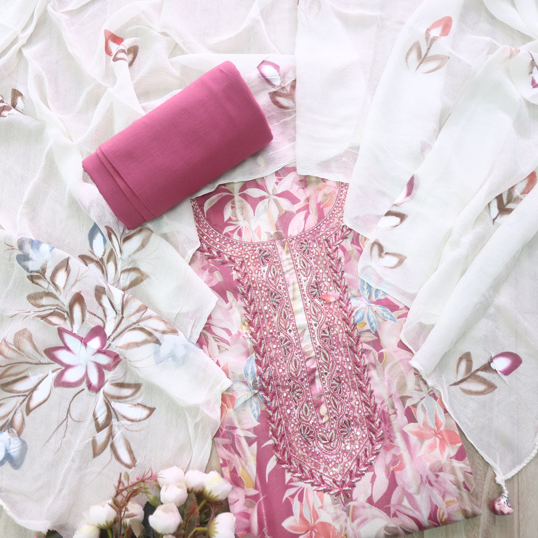 Shabaab Mauve Pink Mirror Neck with Kardana Work Floral Printed Cotton Suit Set