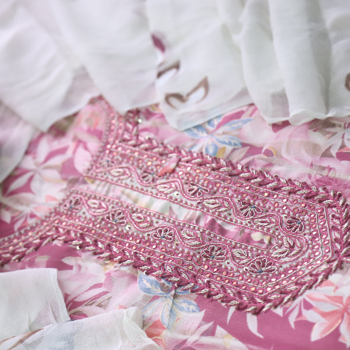 Shabaab Mauve Pink Mirror Neck with Kardana Work Floral Printed Cotton Suit Set