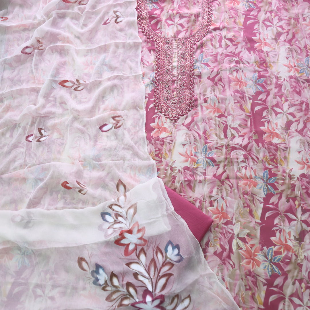 Shabaab Mauve Pink Mirror Neck with Kardana Work Floral Printed Cotton Suit Set