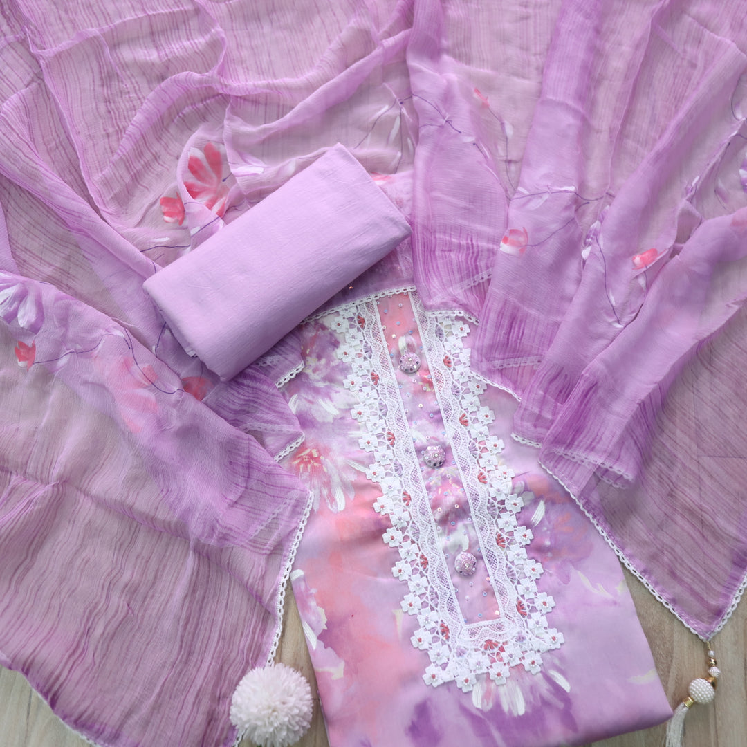 Hayat Lavender Purple Lace Work Neck Floral Printed Cotton Suit Set