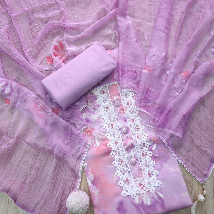 Hayat Lavender Purple Lace Work Neck Floral Printed Cotton Suit Set