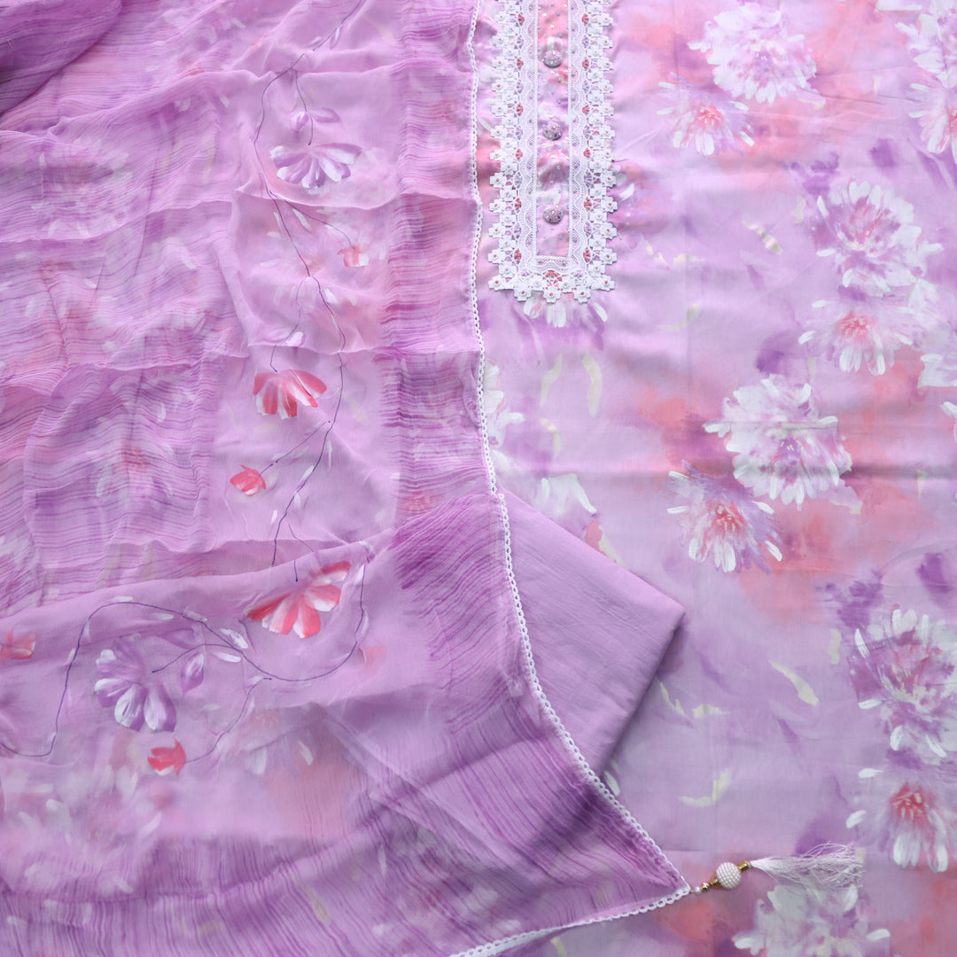 Hayat Lavender Purple Lace Work Neck Floral Printed Cotton Suit Set