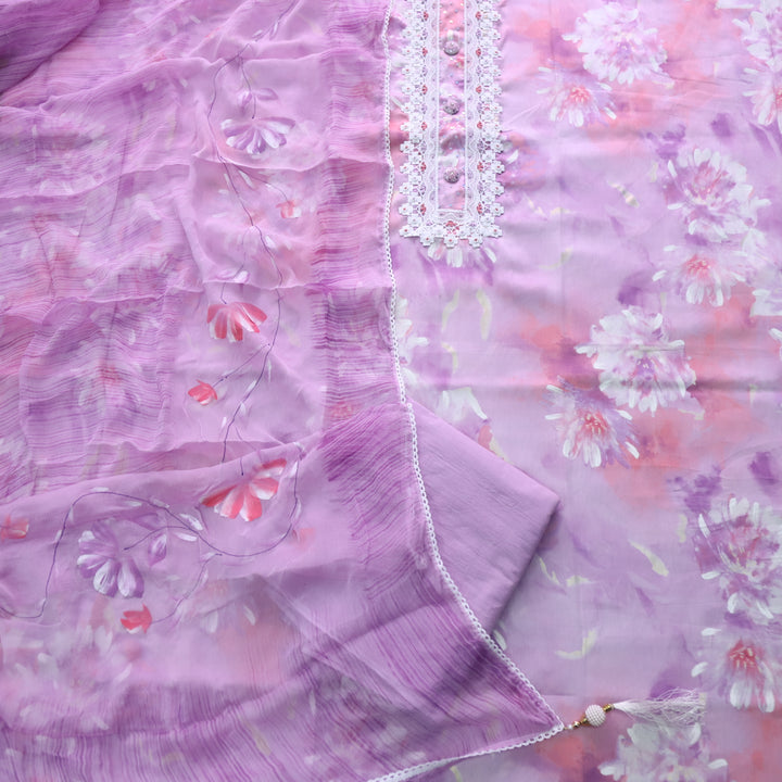 Hayat Lavender Purple Lace Work Neck Floral Printed Cotton Suit Set
