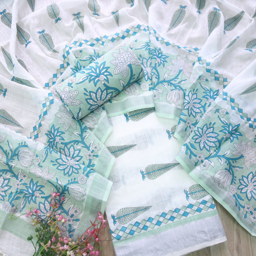 Rivaish White with Mint Green Digital Printed Premium Cotton Linen Suit Set