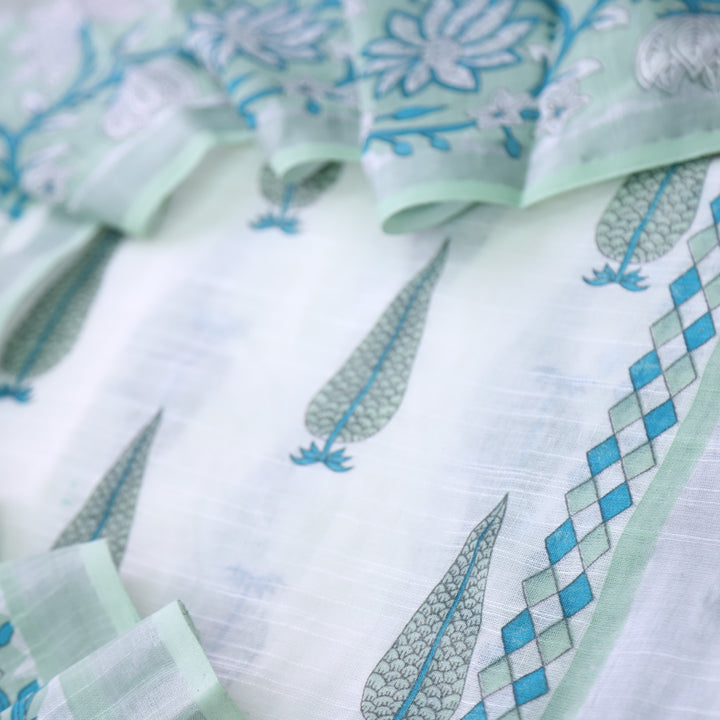Rivaish White with Mint Green Digital Printed Premium Cotton Linen Suit Set