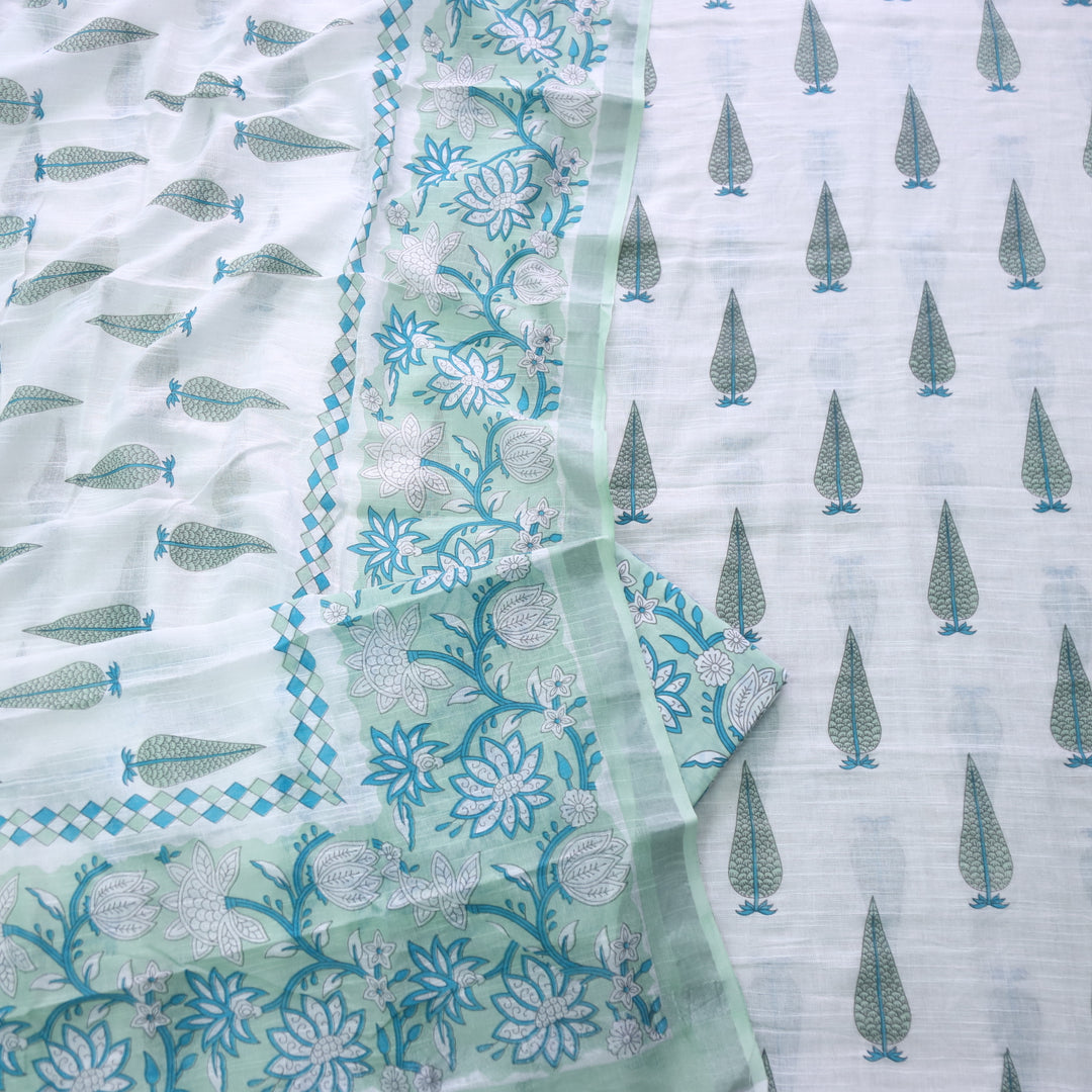 Rivaish White with Mint Green Digital Printed Premium Cotton Linen Suit Set