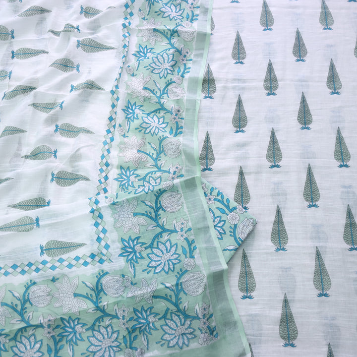 Rivaish White with Mint Green Digital Printed Premium Cotton Linen Suit Set