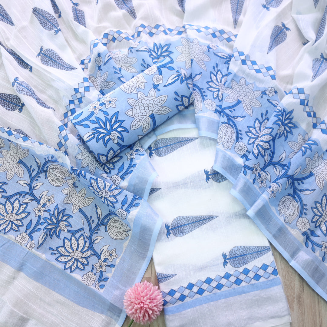 Rivaish White with Blue Digital Printed Premium Cotton Linen Suit Set