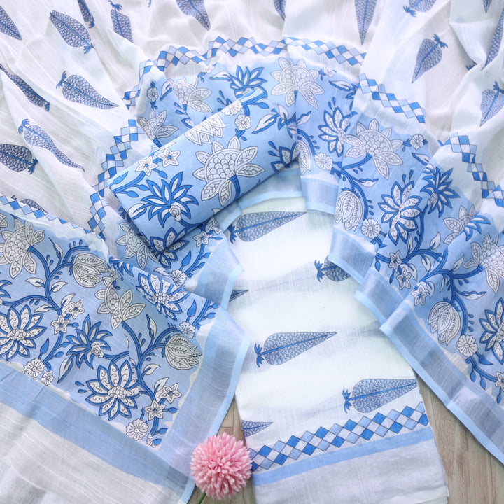 Rivaish White with Blue Digital Printed Premium Cotton Linen Suit Set