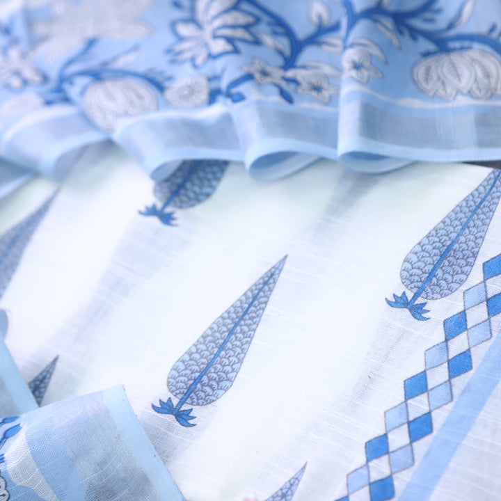 Rivaish White with Blue Digital Printed Premium Cotton Linen Suit Set