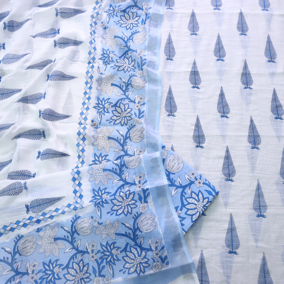 Rivaish White with Blue Digital Printed Premium Cotton Linen Suit Set