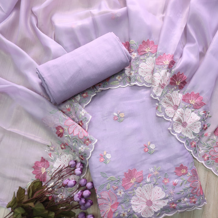 Nayara Soft Purple Floral Thread Embroidery Shimmer Organza Suit Set