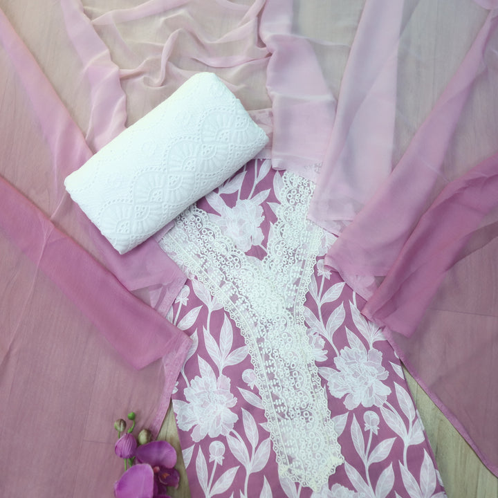 Rukshat Mauve Pink V neck Lace Work Floral Printed Cotton Suit Set
