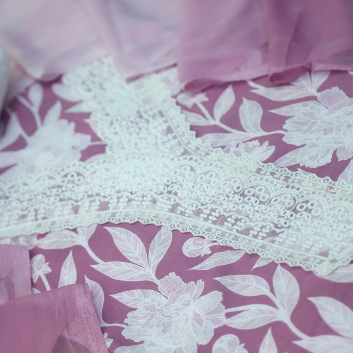 Rukshat Mauve Pink V neck Lace Work Floral Printed Cotton Suit Set