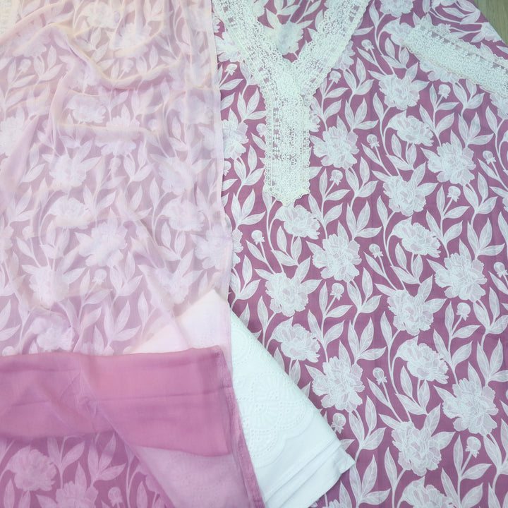 Rukshat Mauve Pink V neck Lace Work Floral Printed Cotton Suit Set