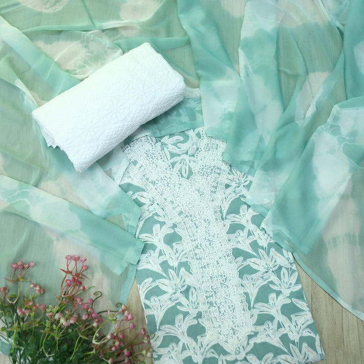 Rukshat Sage Green V neck Lace Work Floral Printed Cotton Suit Set