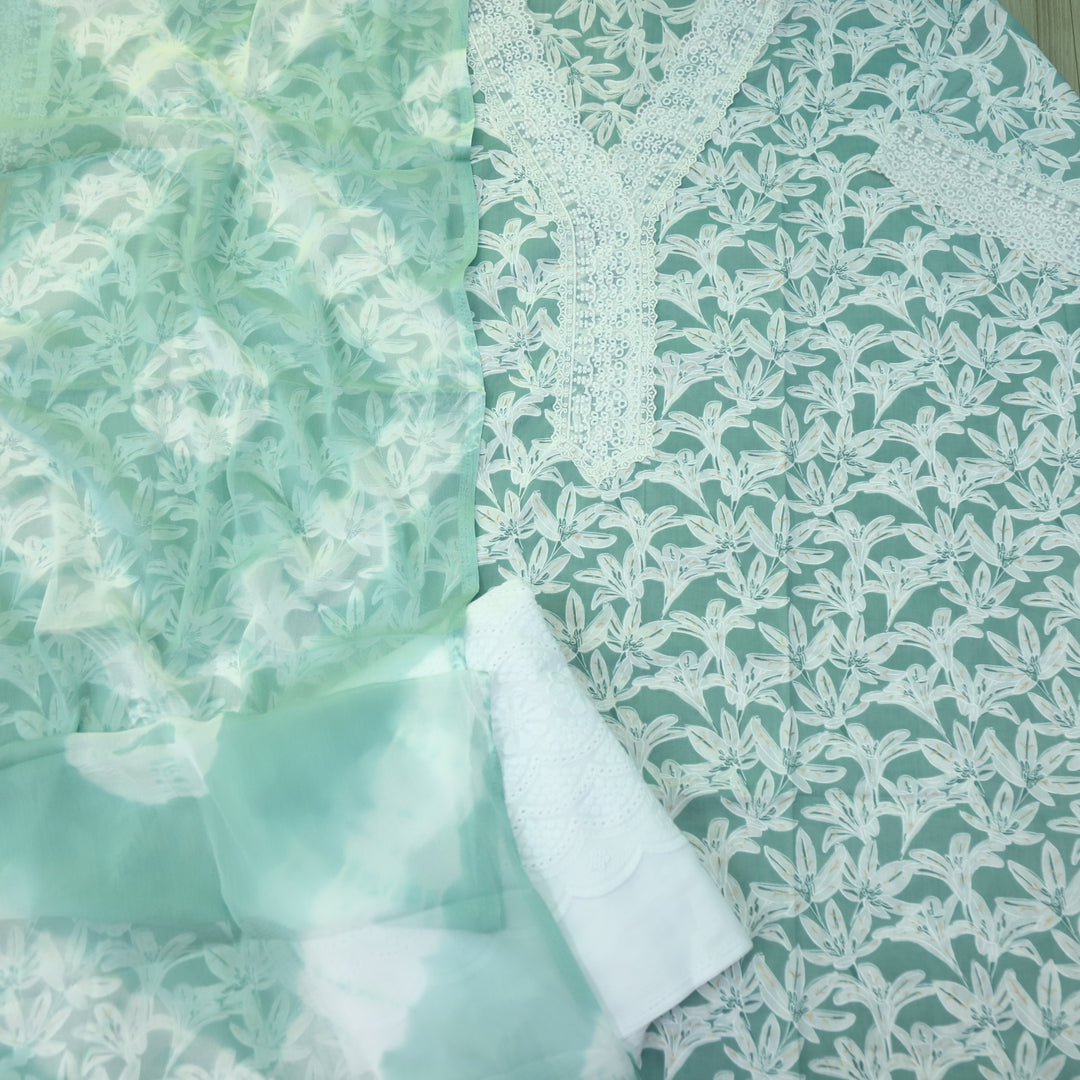 Rukshat Sage Green V neck Lace Work Floral Printed Cotton Suit Set