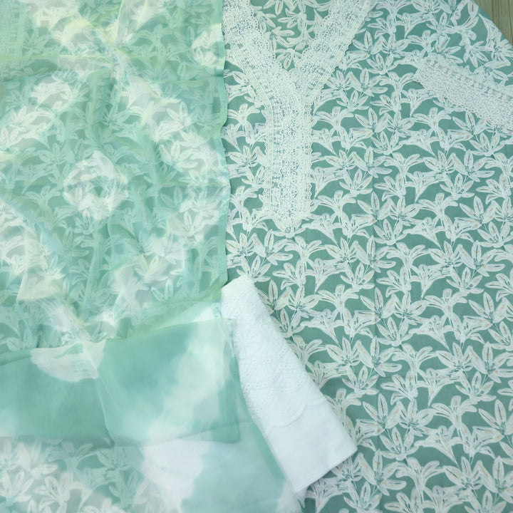 Rukshat Sage Green V neck Lace Work Floral Printed Cotton Suit Set