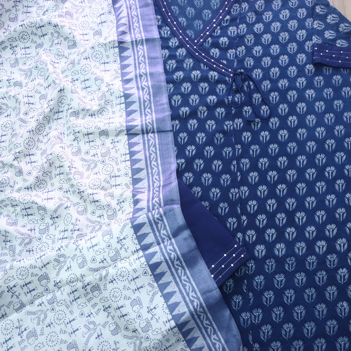 Rukshat Indigo Blue Angrakha Neck Printed Cotton Suit Set