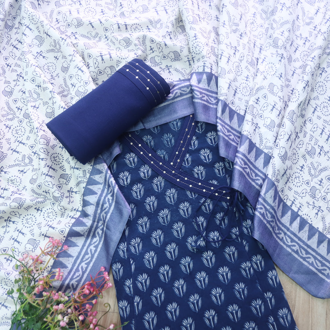 Rukshat Indigo Blue Angrakha Neck Printed Cotton Suit Set
