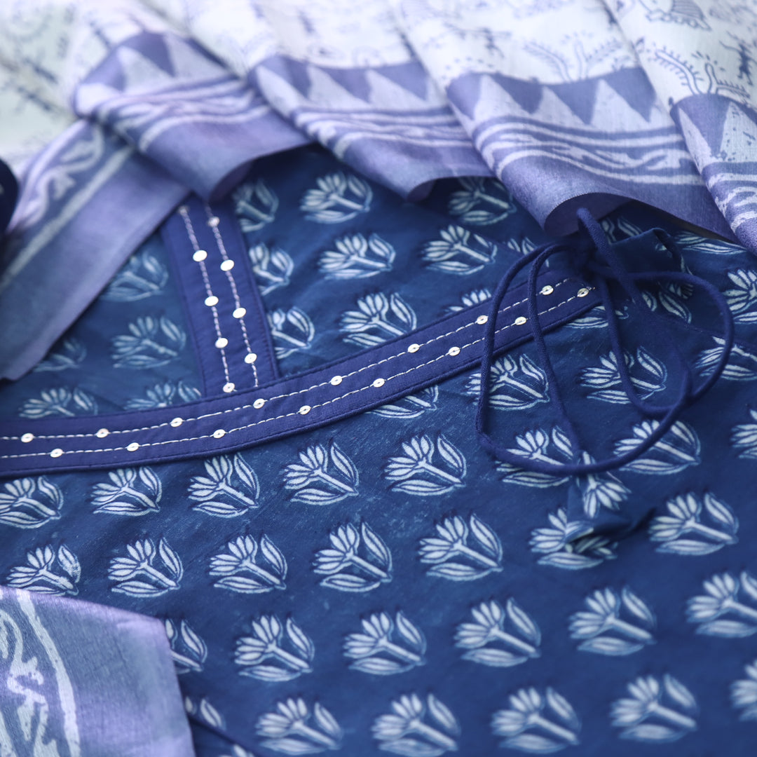 Rukshat Indigo Blue Angrakha Neck Printed Cotton Suit Set