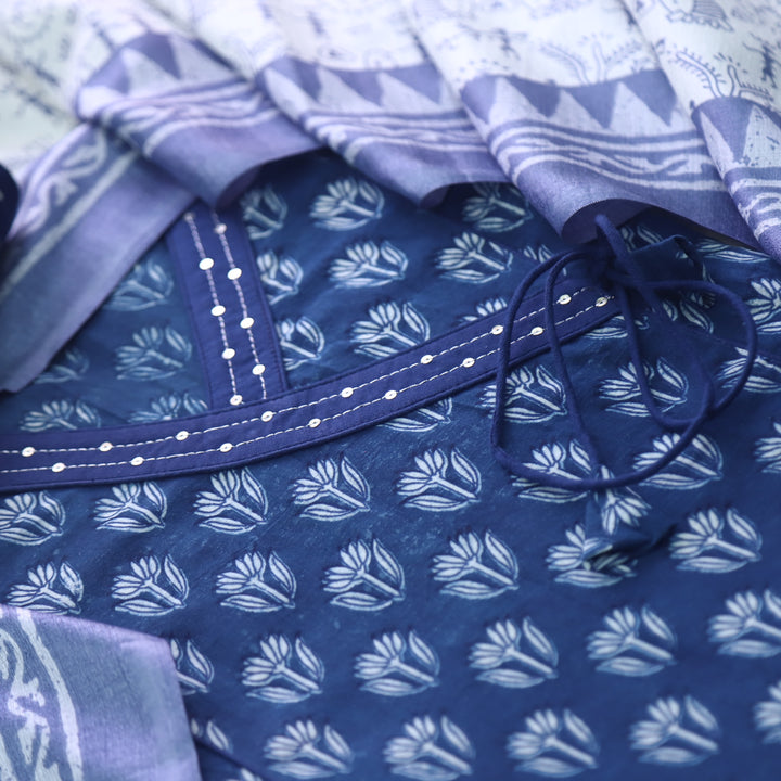 Rukshat Indigo Blue Angrakha Neck Printed Cotton Suit Set