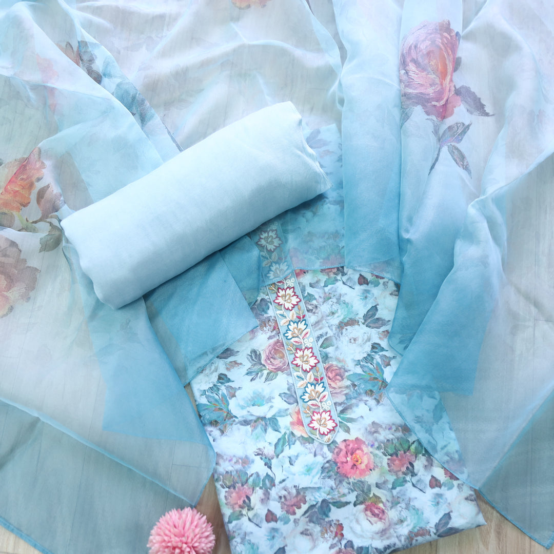Heeriye Ocean Blue Lace Neck Floral Printed Art Muslin Suit Set