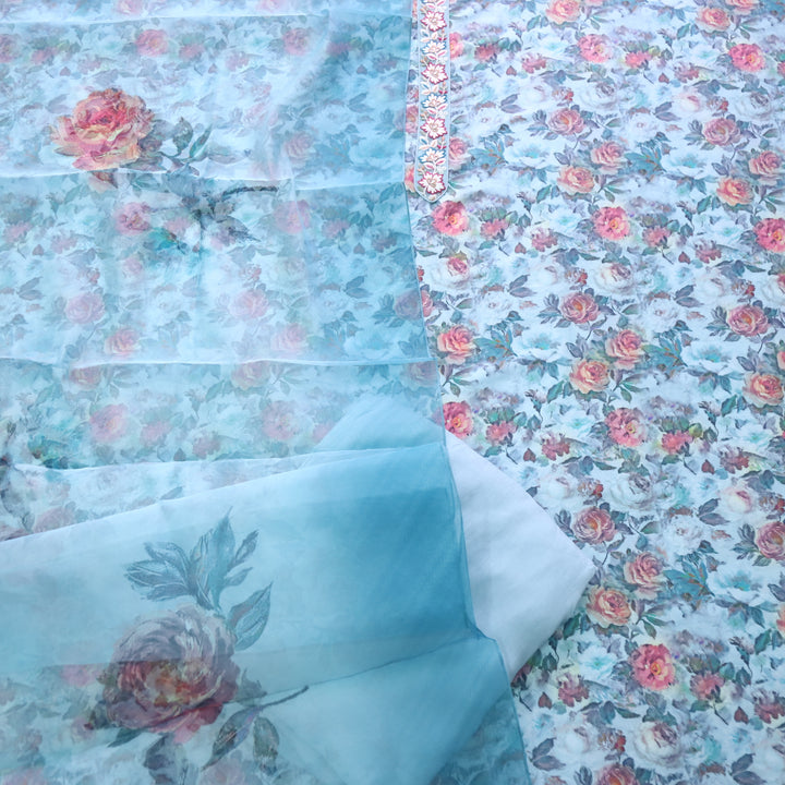 Heeriye Ocean Blue Lace Neck Floral Printed Art Muslin Suit Set