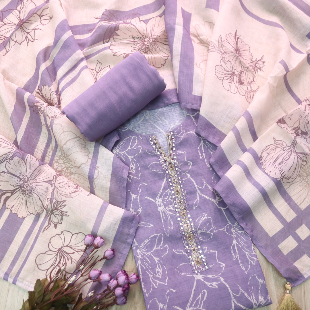 Mohini Maue Purple Mirror Work with Zari Work Printed Cotton Linen Suit Set