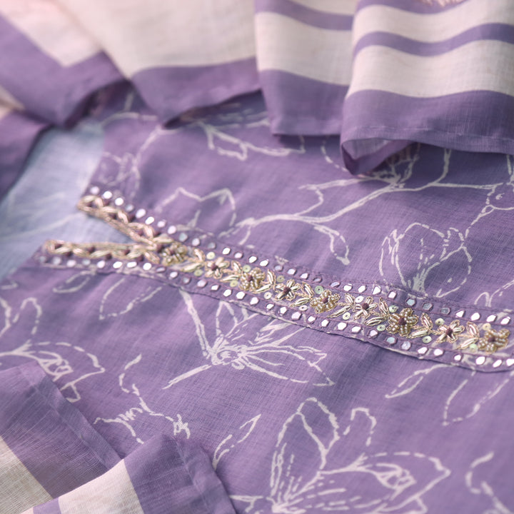 Mohini Maue Purple Mirror Work with Zari Work Printed Cotton Linen Suit Set