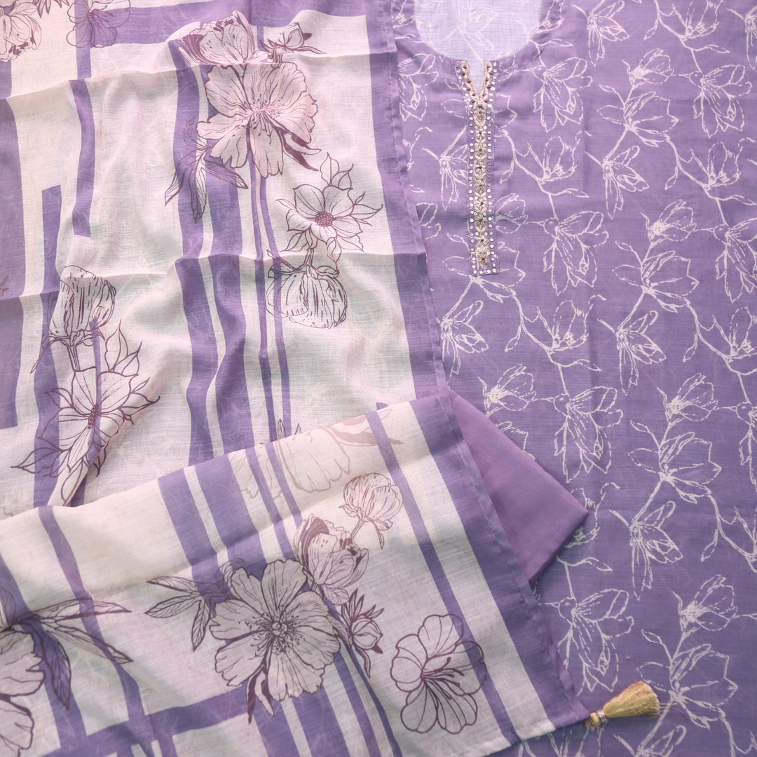Mohini Maue Purple Mirror Work with Zari Work Printed Cotton Linen Suit Set