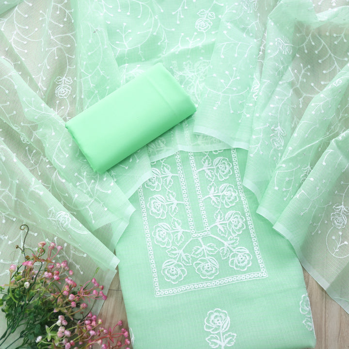 Sahiba Parrot Green Thread Neck Work Kota Doriya Suit Set