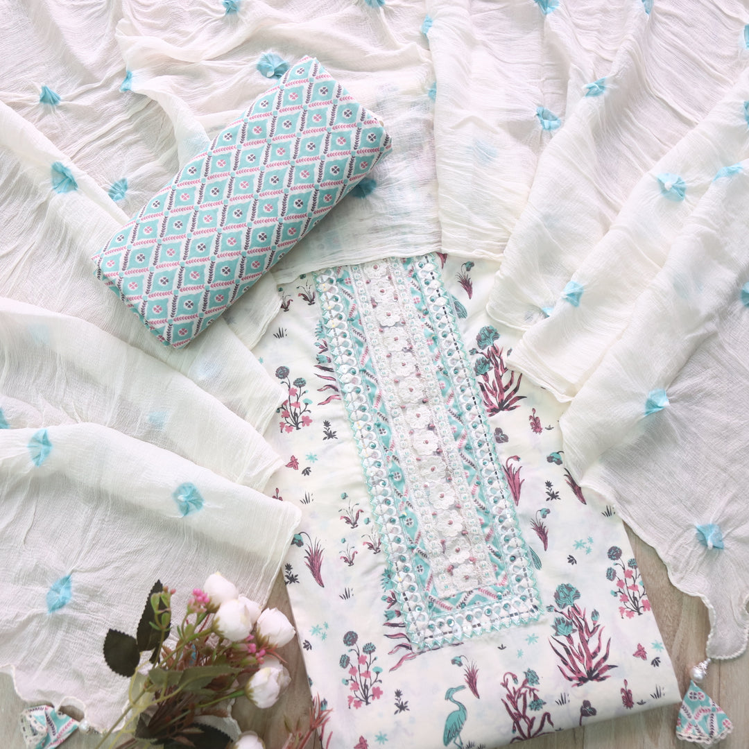 Samaya Creamy White Kardana Lace Patch Work Printed Cotton Suit Set