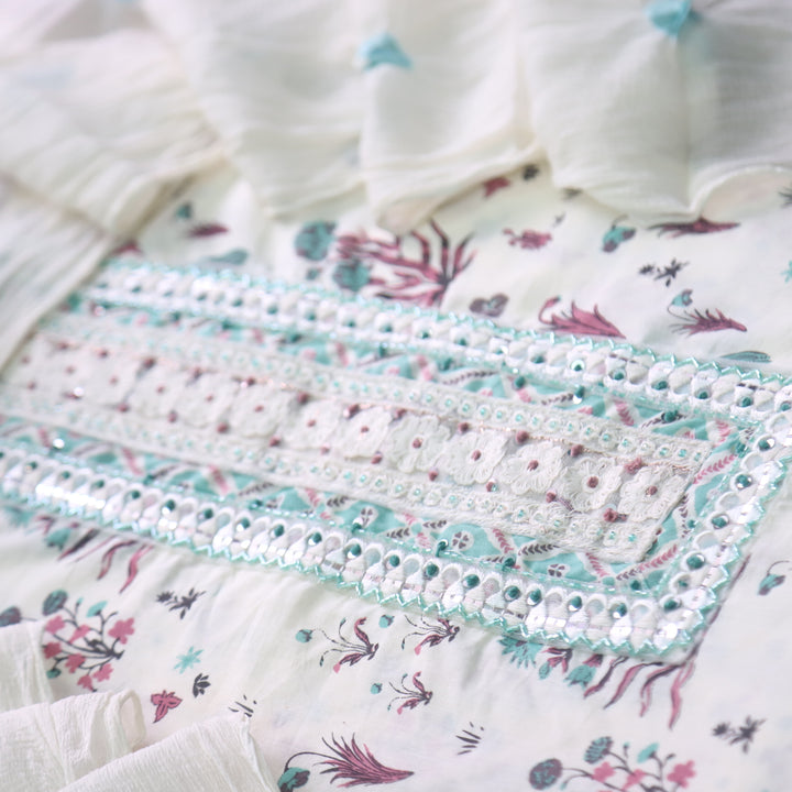 Samaya Creamy White Kardana Lace Patch Work Printed Cotton Suit Set