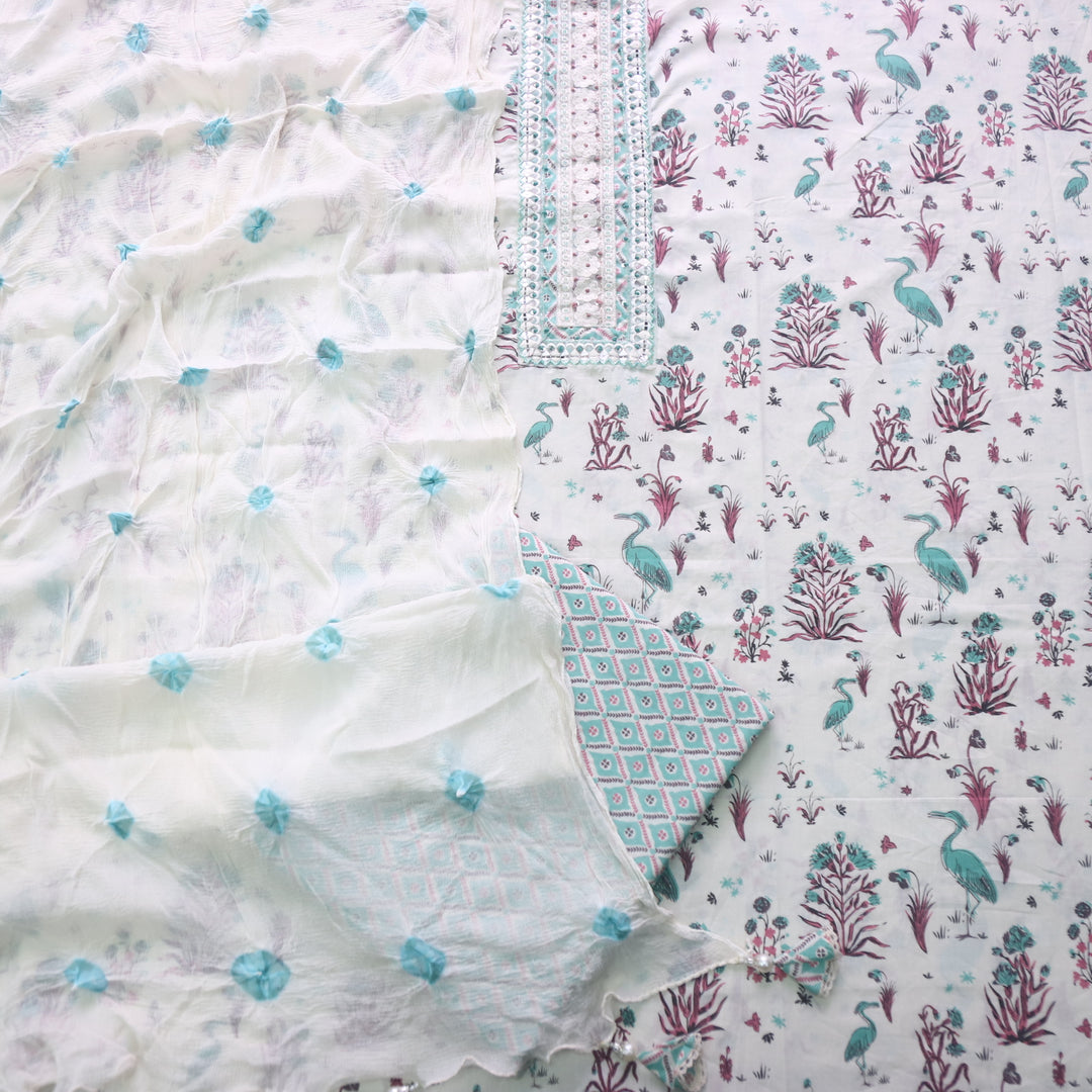 Samaya Creamy White Kardana Lace Patch Work Printed Cotton Suit Set
